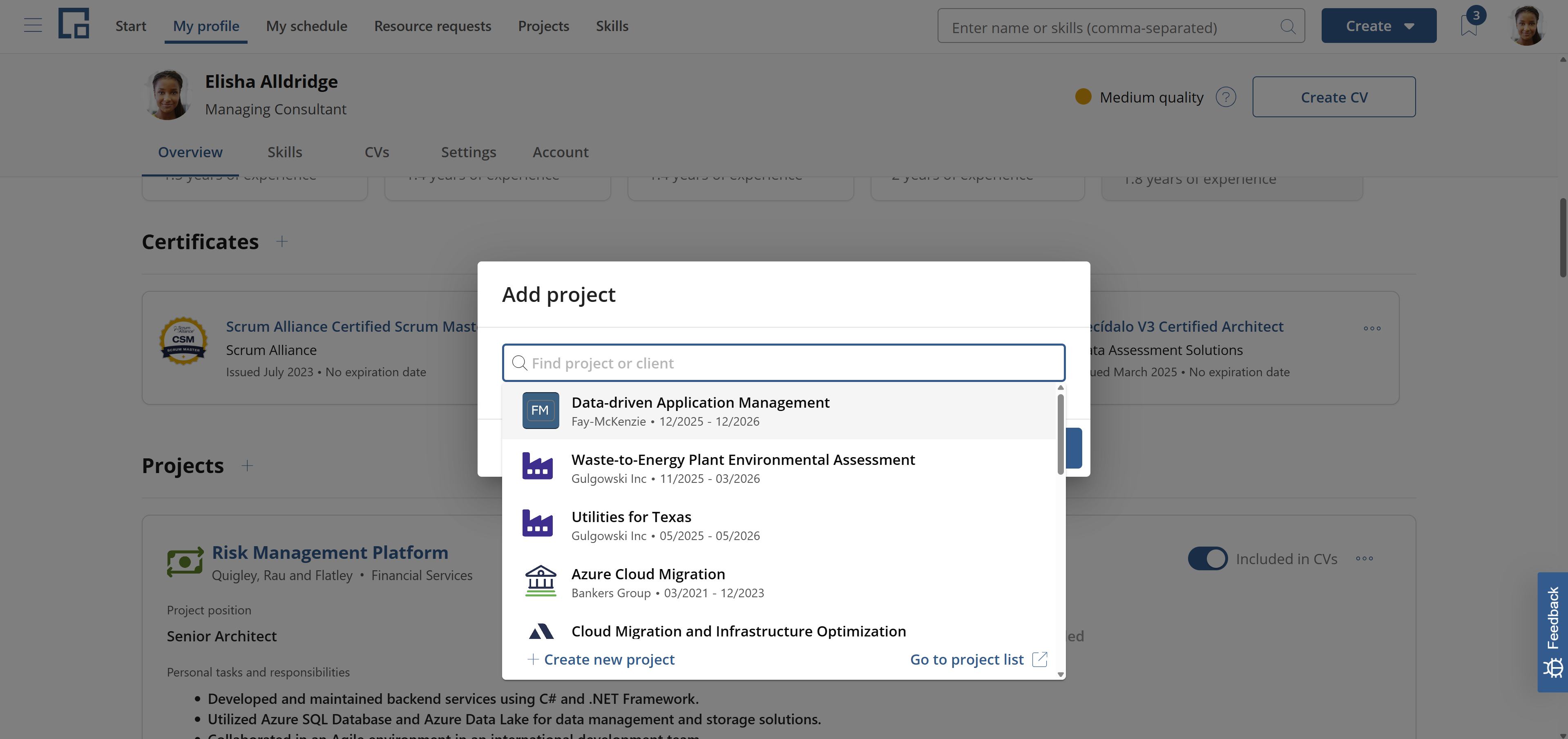 Add project dialog on a profile with a search for existing projects or clients