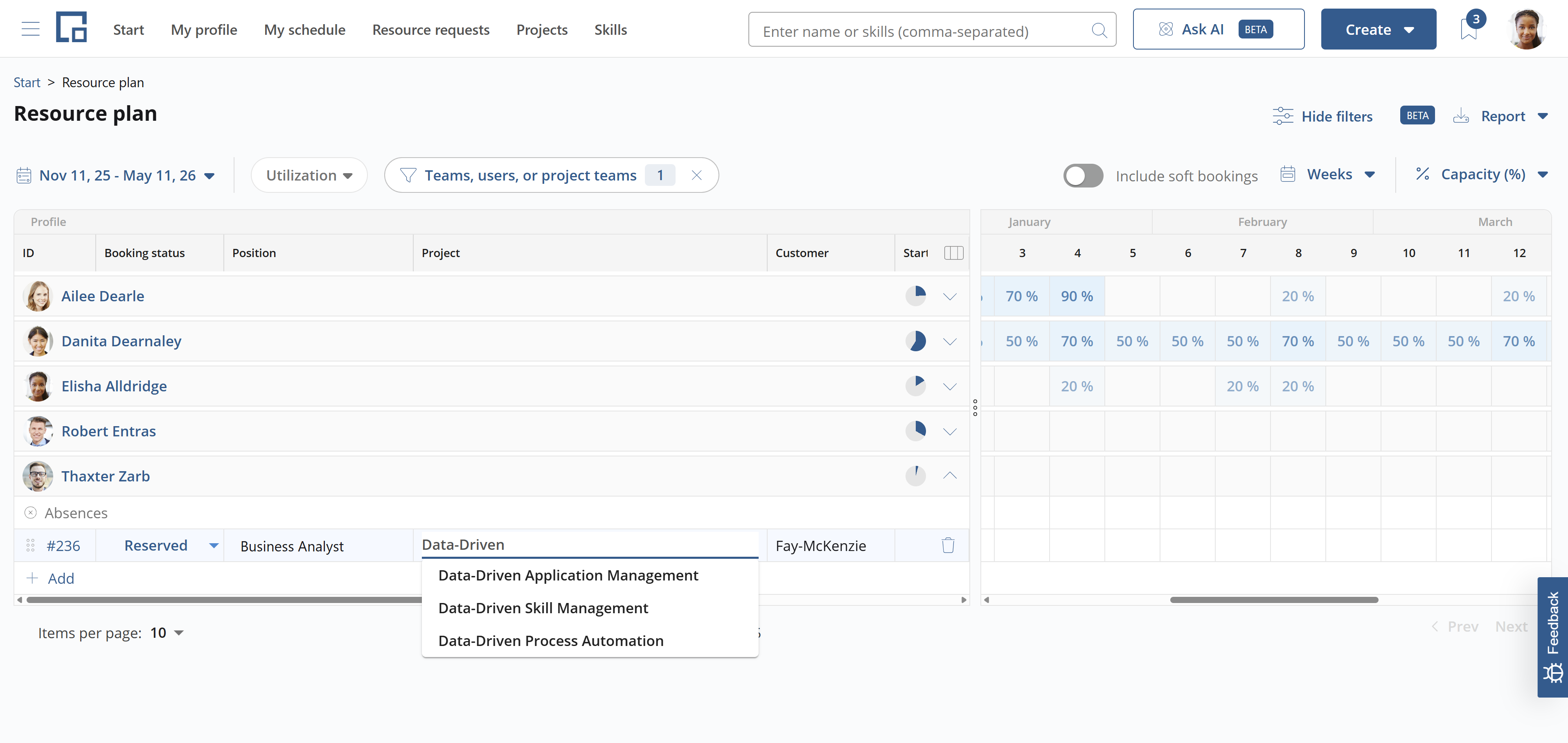 New booking in the resource plan with the project being selected from a dropdown