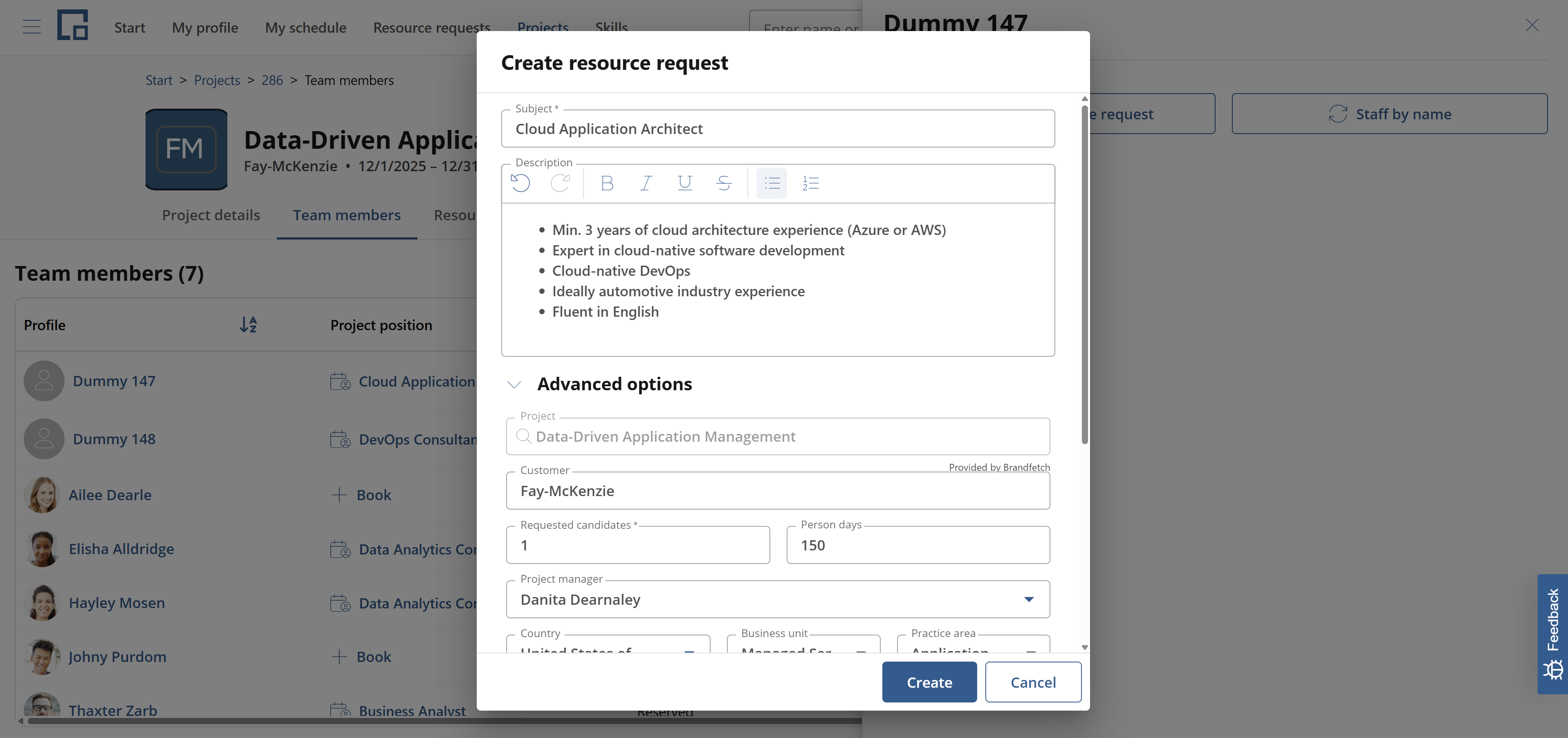 Create resource request dialog for an unfilled position with advanced options prefilled from the project