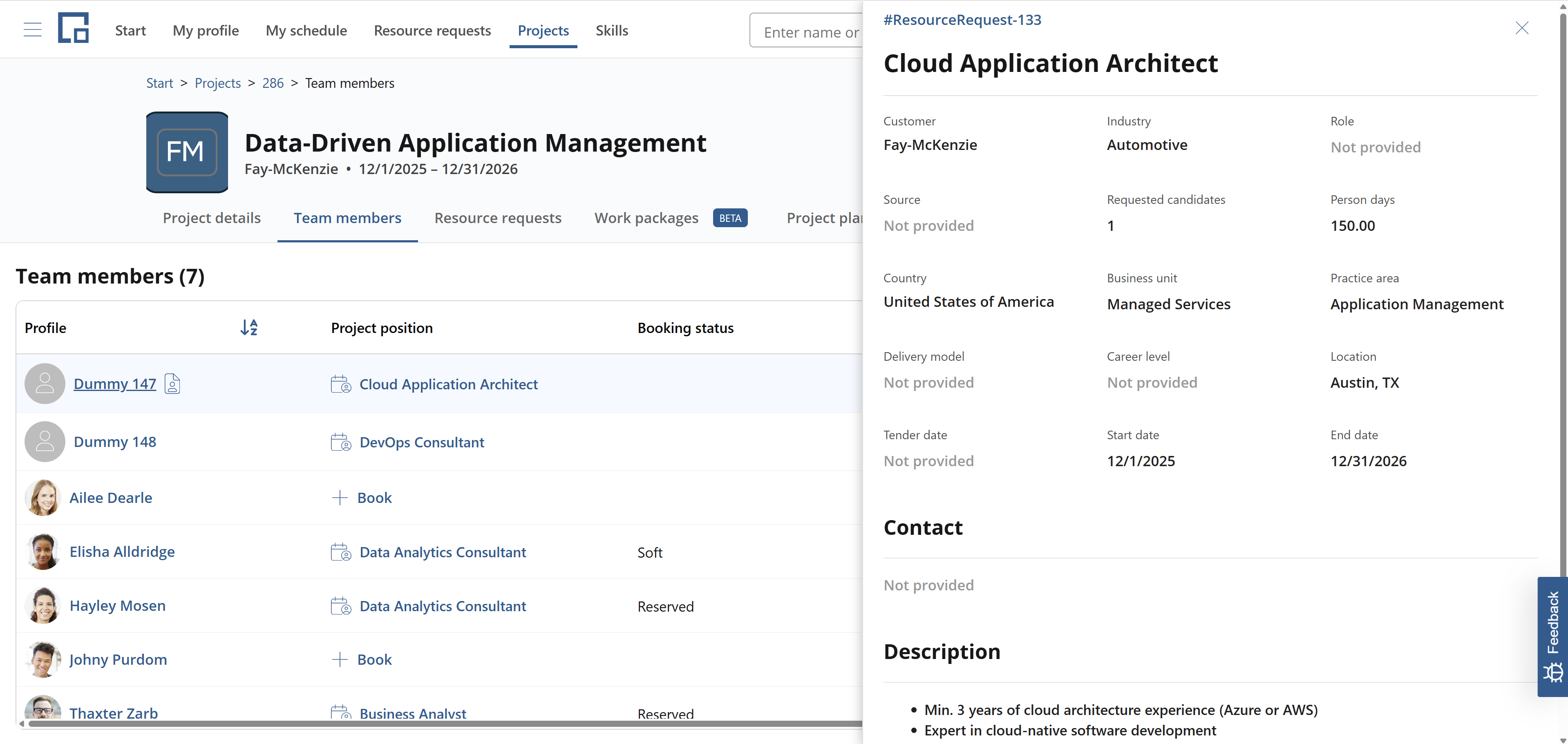 Side drawer with resource request details opened from a dummy profile on the team members tab