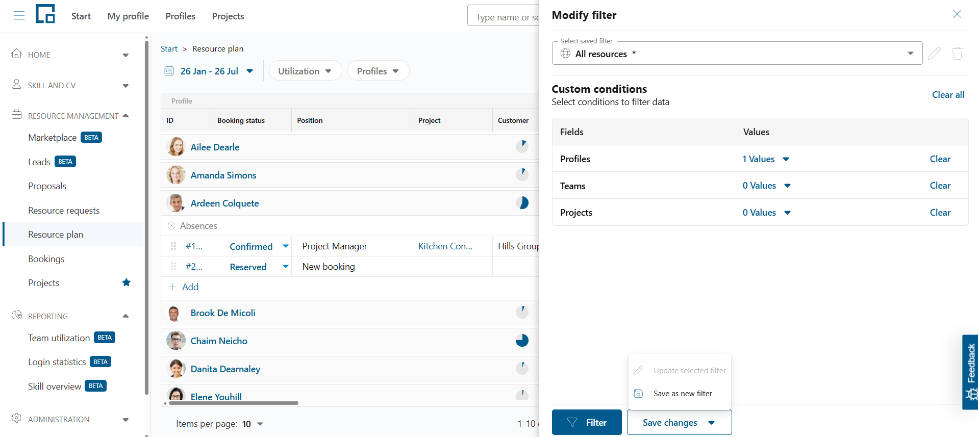 Modify filter sidebar with profile, team and project conditions and the option to save as a new filter
