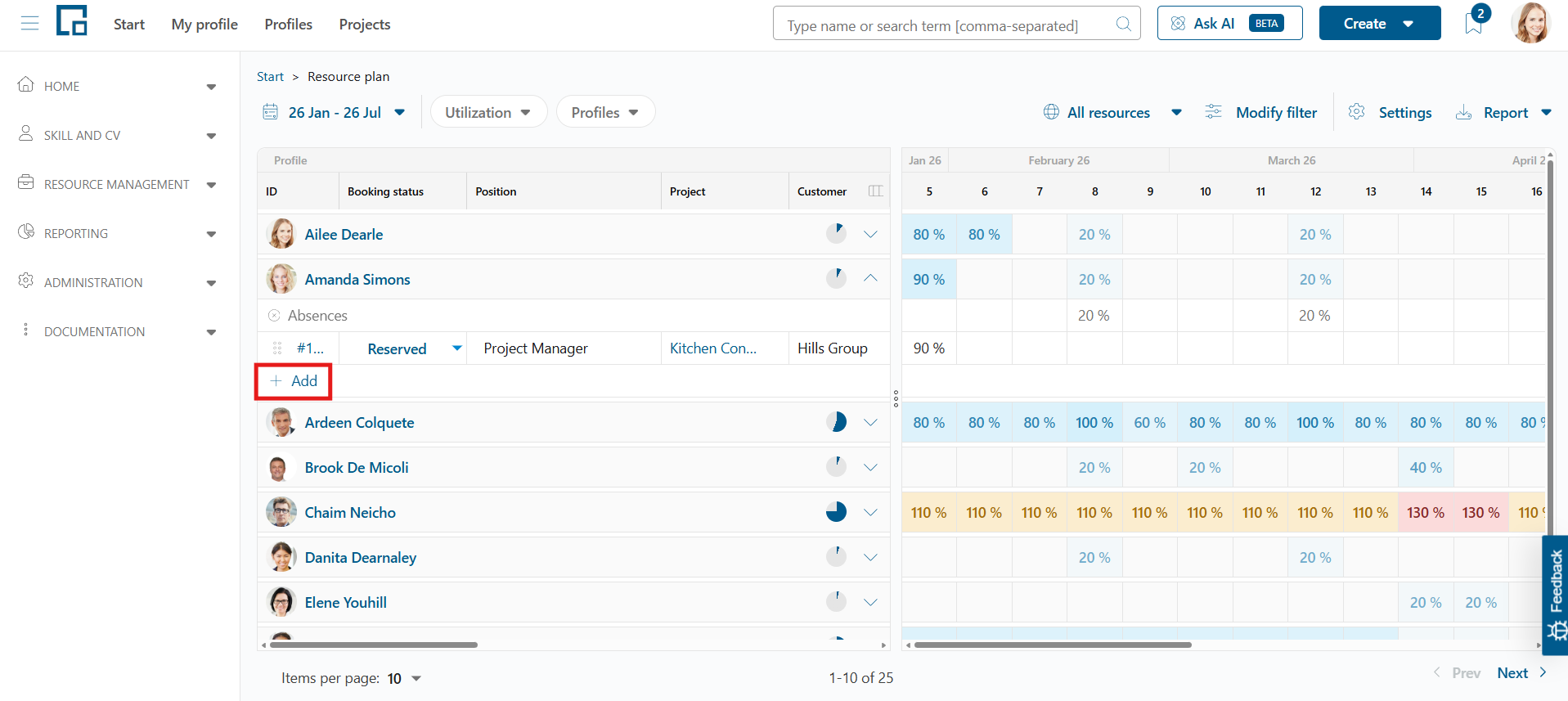 Expanded resource in the resource plan with the Add button for creating a new booking highlighted