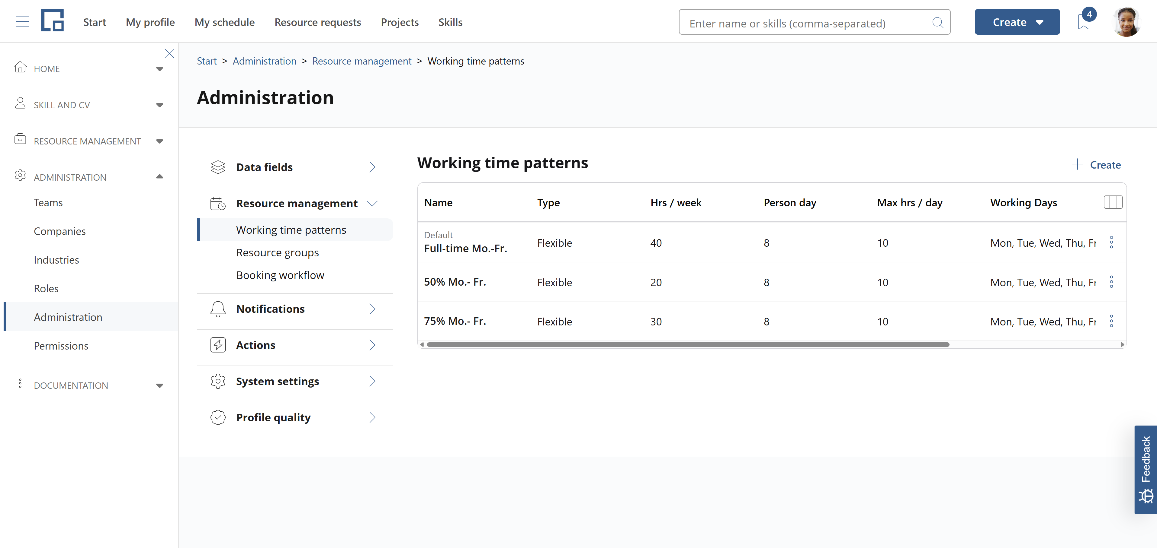 Working time patterns administration listing the default full-time pattern and part-time patterns