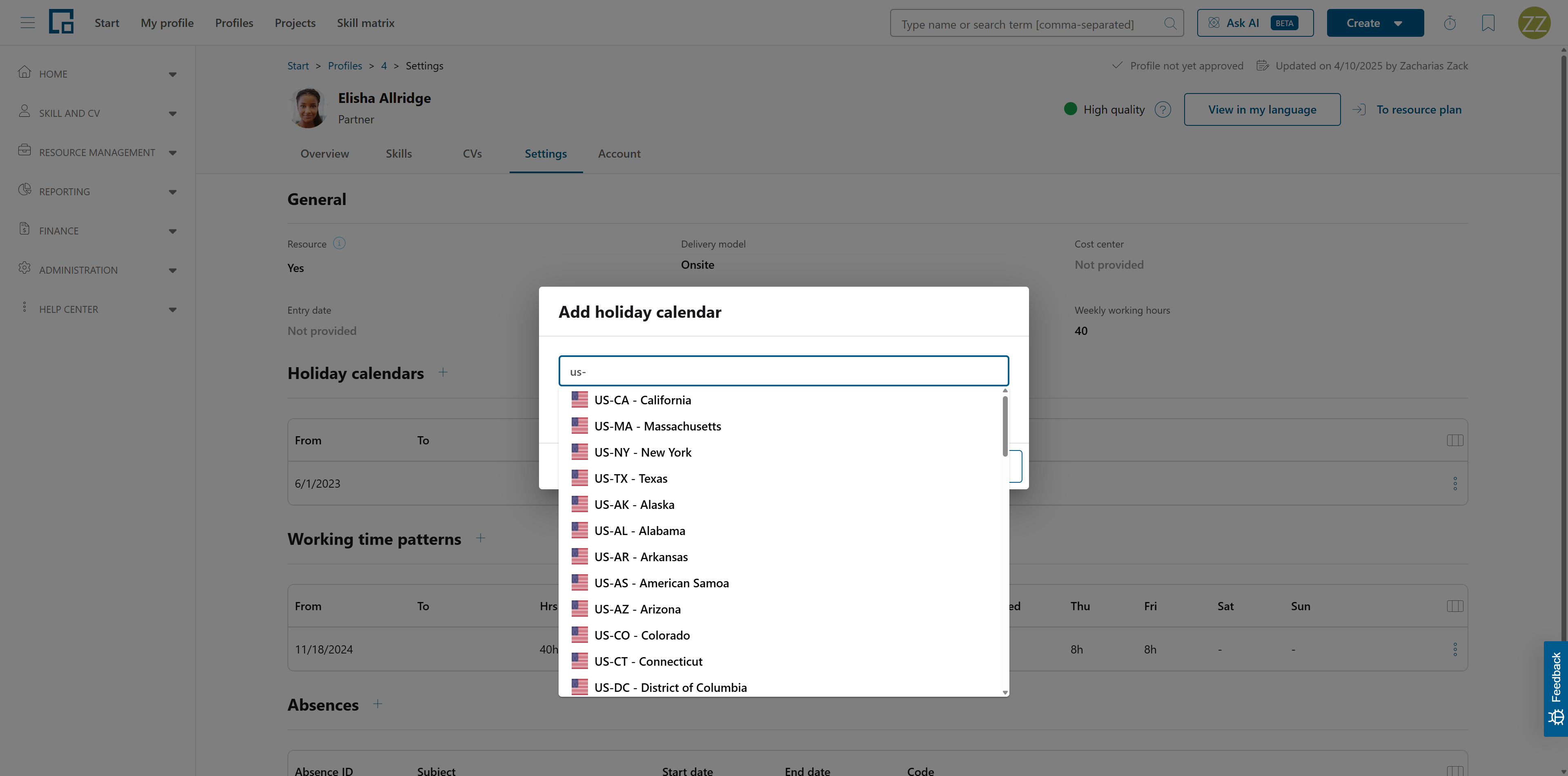 Add holiday calendar dialog with an auto-complete list of country and state calendars