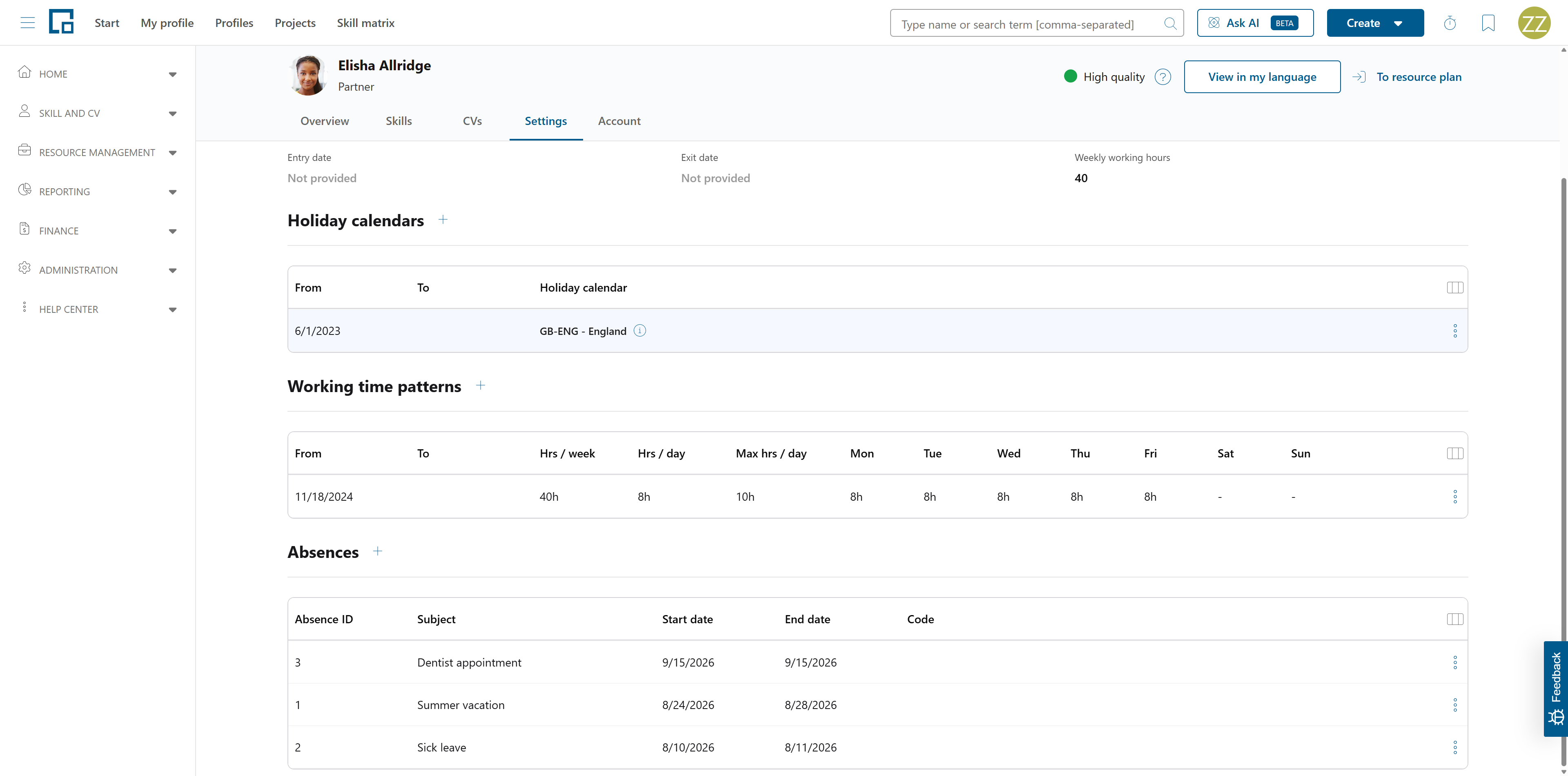 Absences section on the profile settings tab listing absences with ID, subject, dates and code