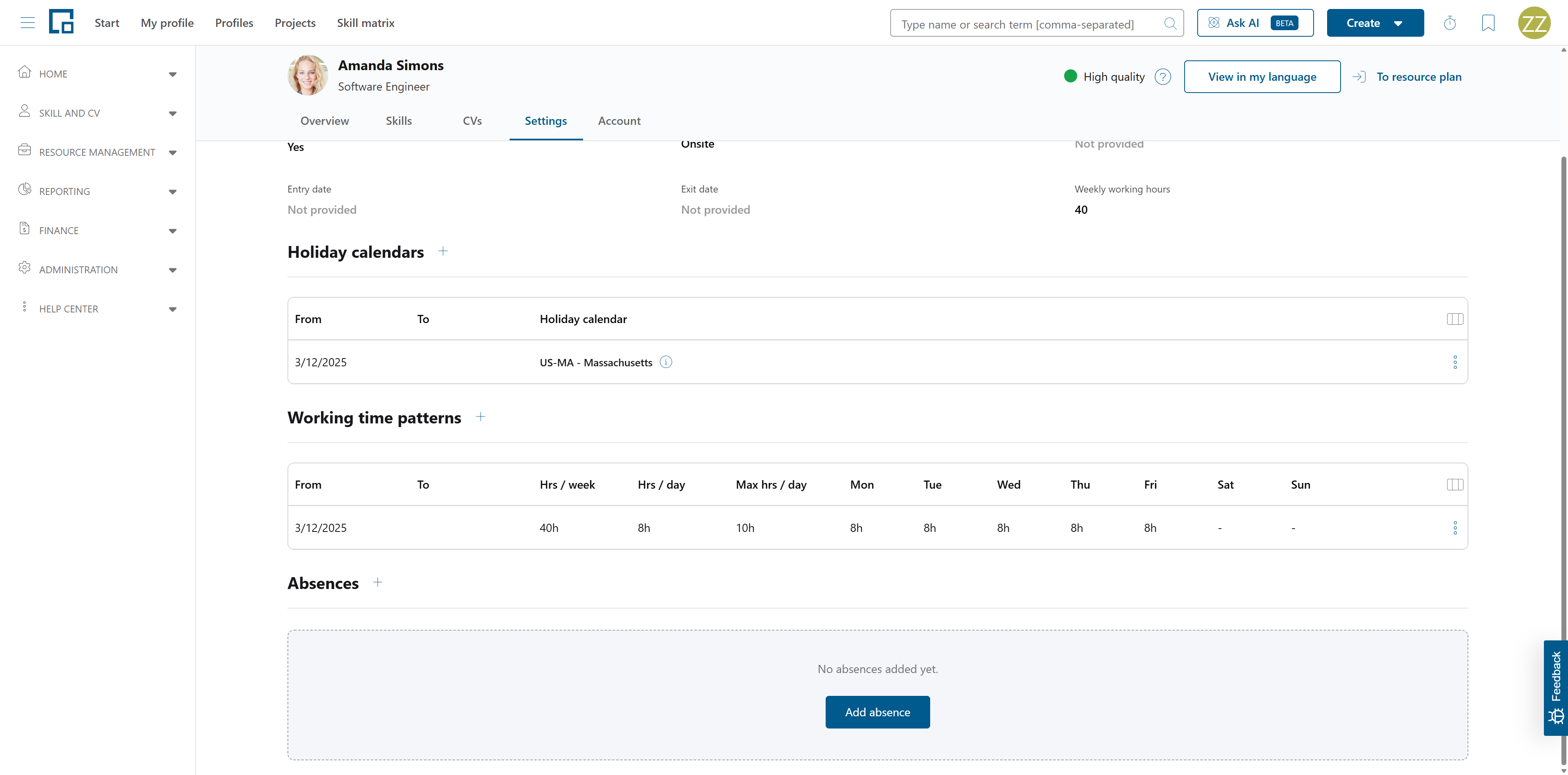 Empty absences section with a placeholder and an Add absence button