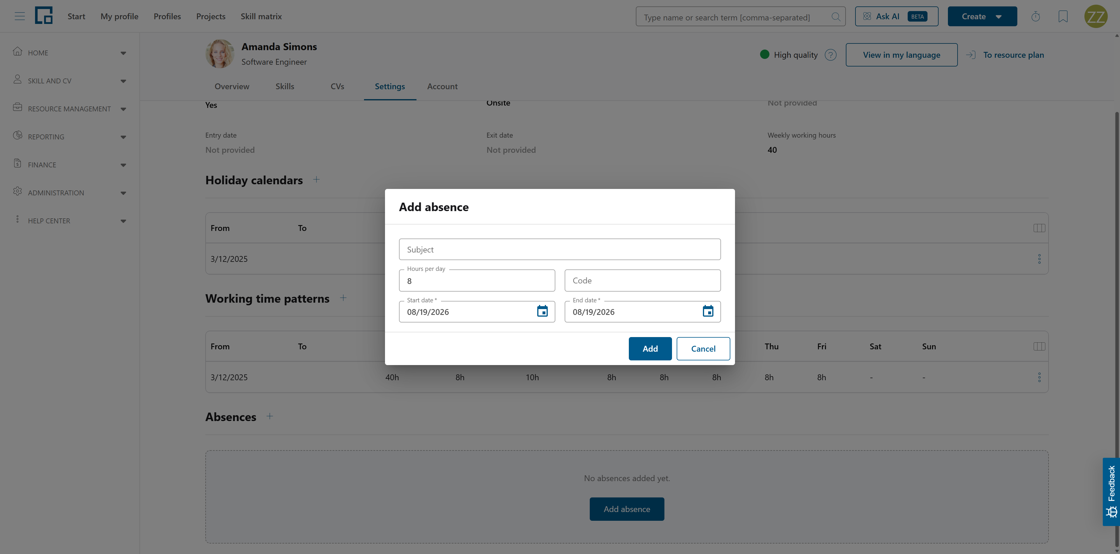 Add absence dialog with subject, hours per day, code and start and end date