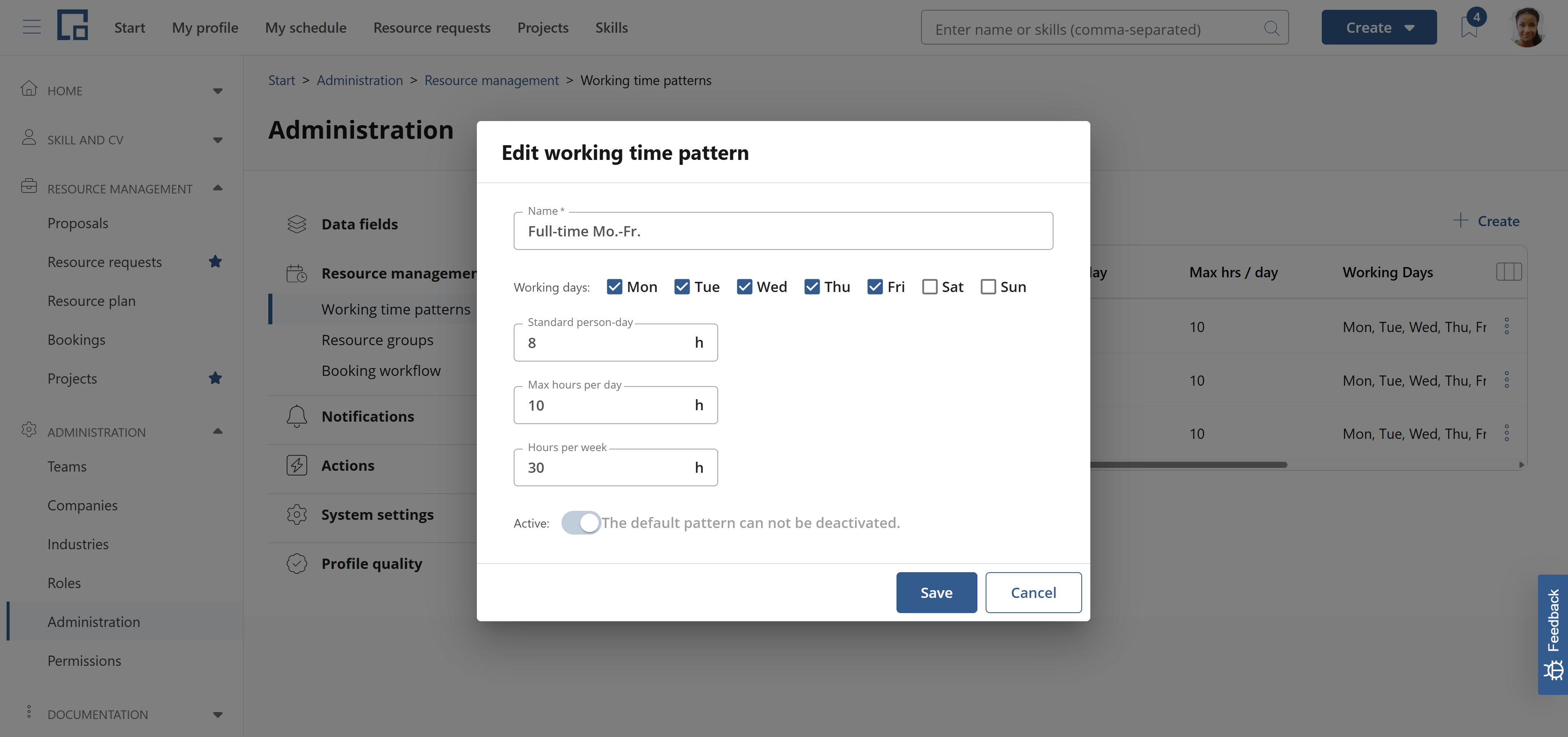 Edit working time pattern dialog for the default pattern with working days and hour fields
