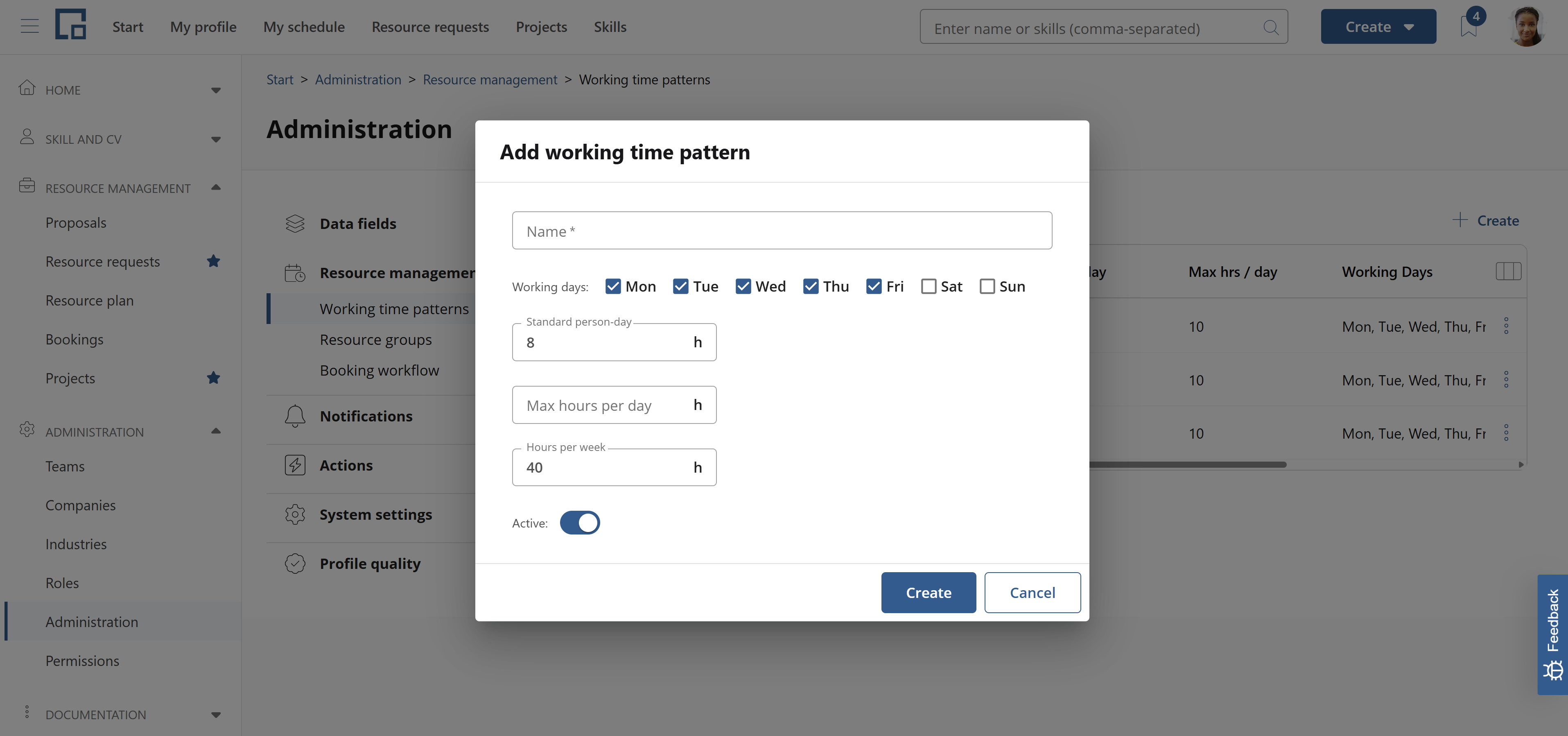 Add working time pattern dialog prefilled from the default pattern with an active toggle