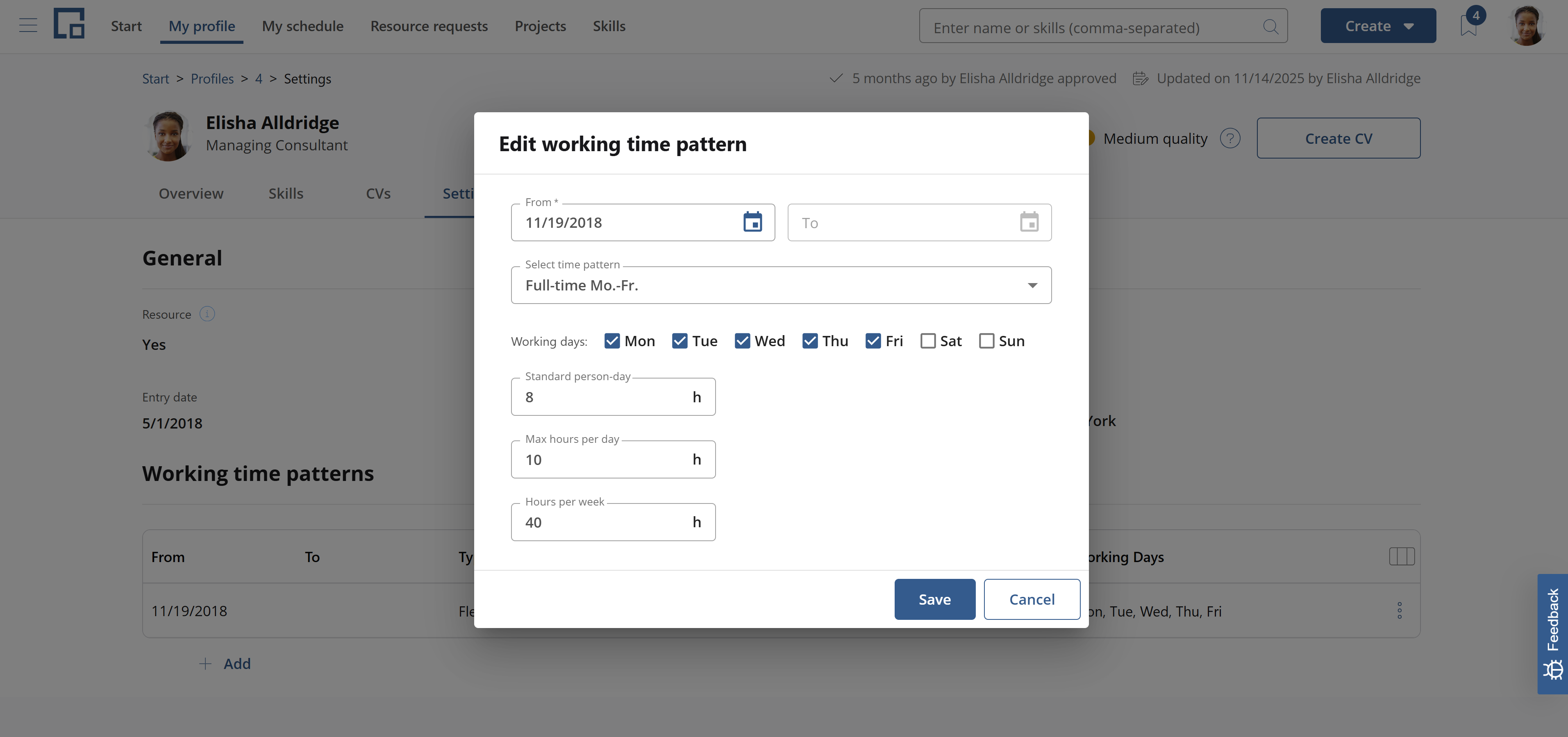 Edit working time pattern dialog on a profile with validity dates and a standard pattern selector