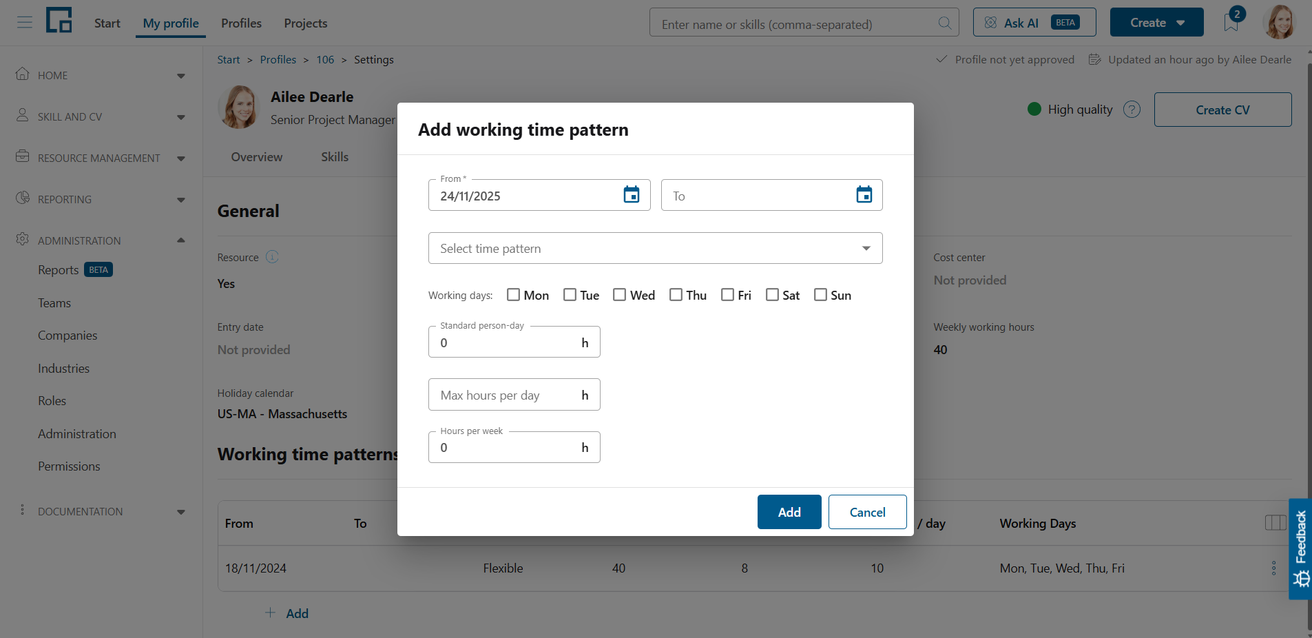 Add working time pattern dialog on a profile with the From date preset to today