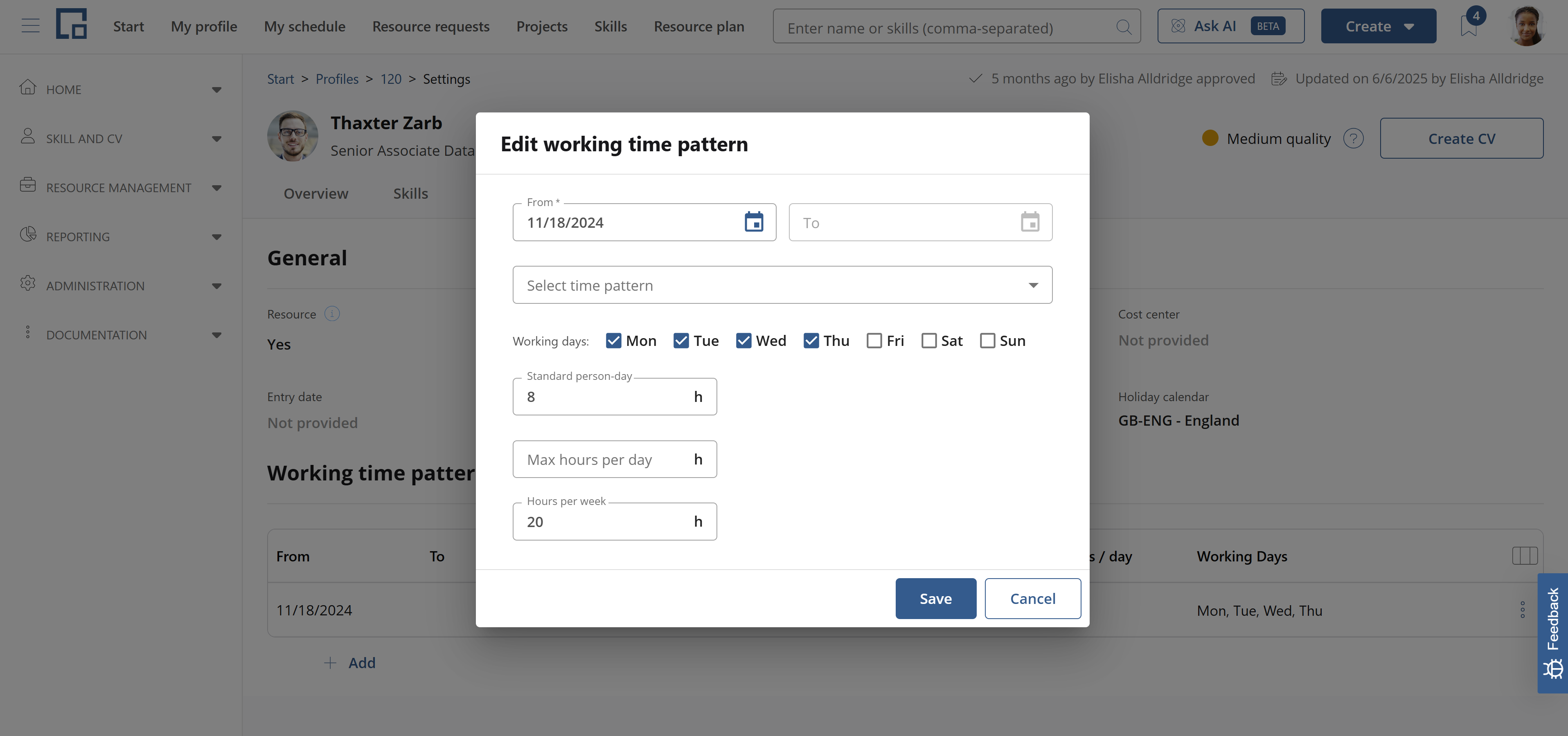 Working time pattern with 20 hours per week spread over Monday to Thursday