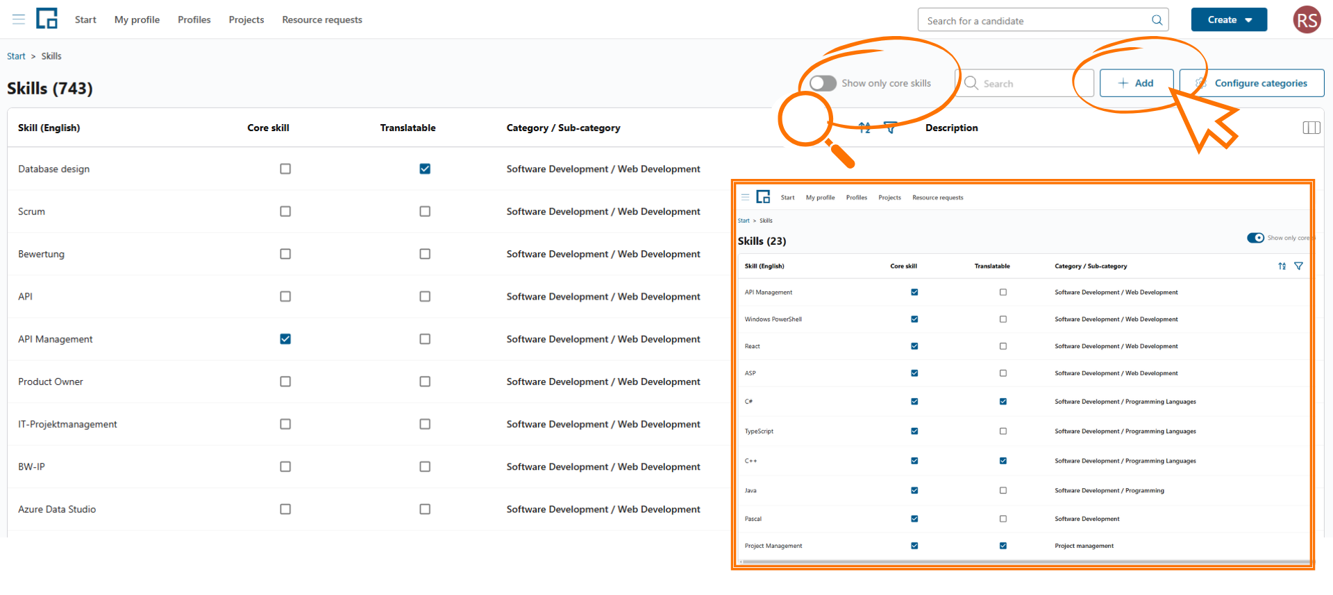 Skills page listing skills with core skill and category columns, with the core skills toggle and Add button highlighted