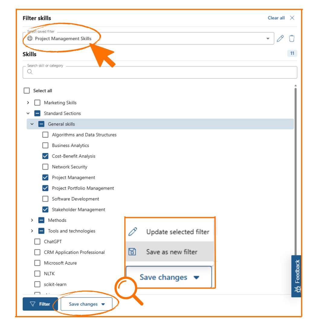 Filter skills panel with a saved filter selected, skills ticked in a category tree and the Save changes menu open
