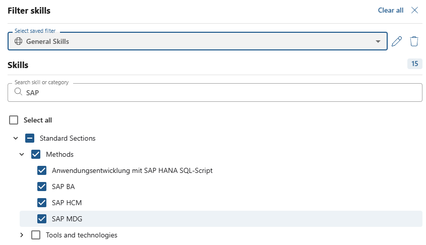 Filter skills panel with a search term entered and the matching skills ticked in the category tree