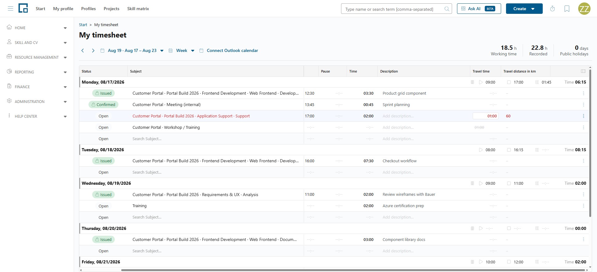 Entry shown in red after a subject change that does not record its travel values yet