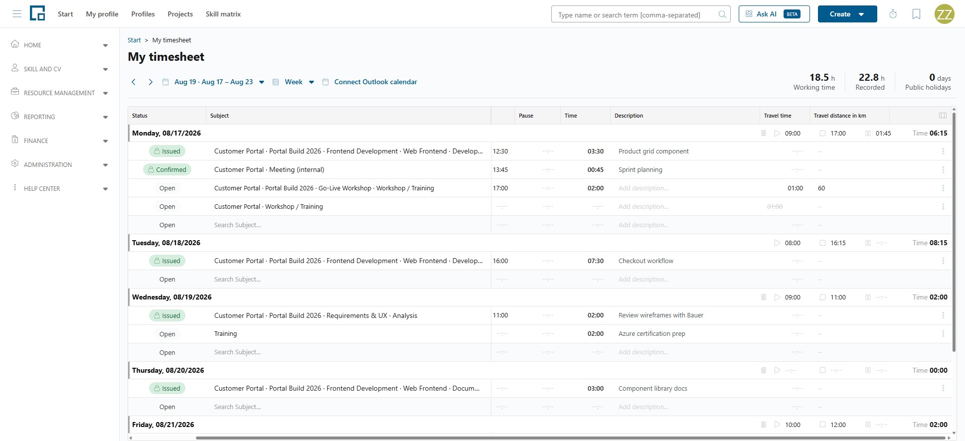 Timesheet scrolled sideways with Status and Subject fixed and travel time and distance columns