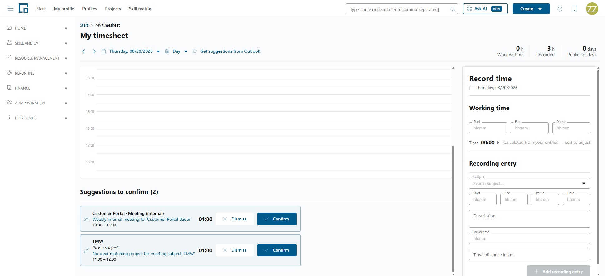 Day view with the Suggestions to confirm list offering Dismiss and Confirm for each suggestion
