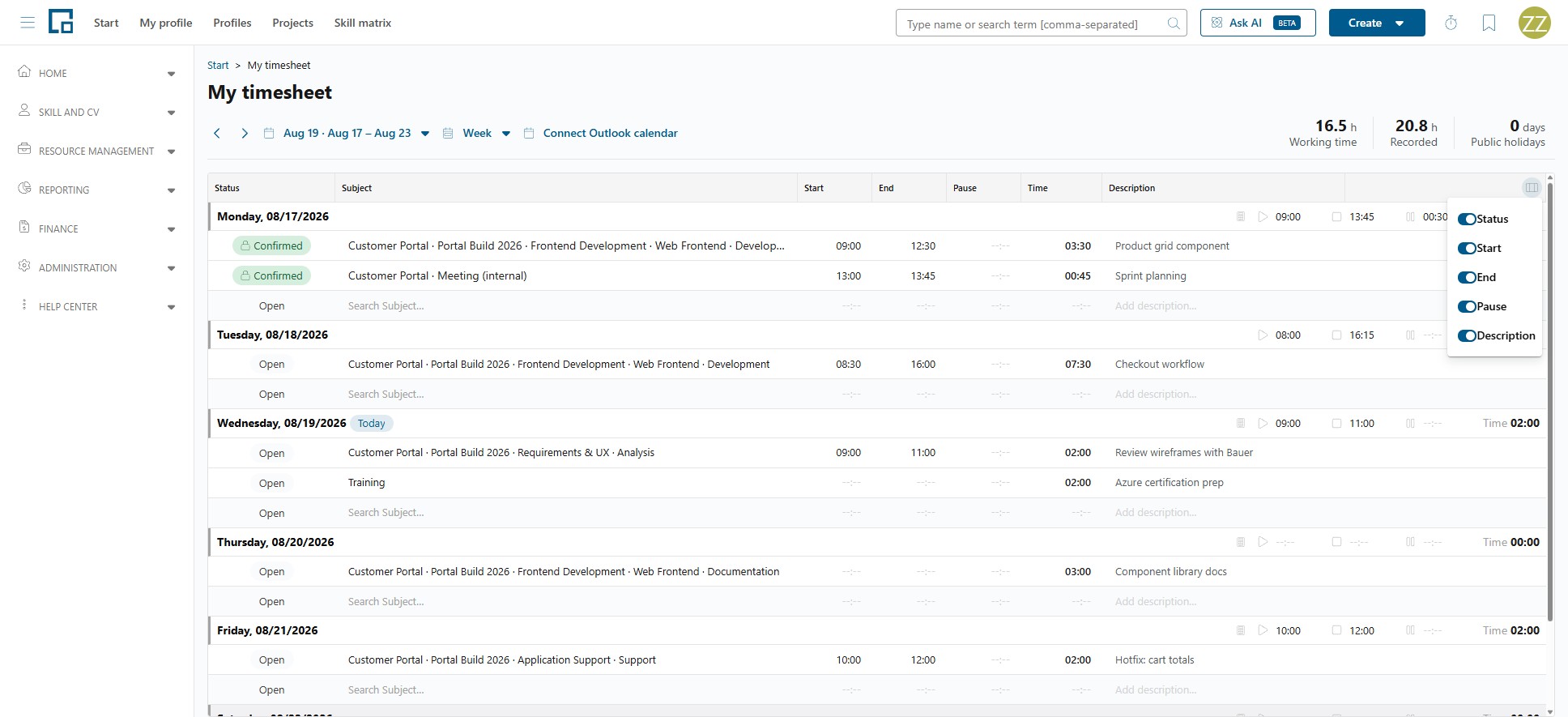 Timesheet grid with the column menu open to switch Status, Start, End, Pause and Description on or off