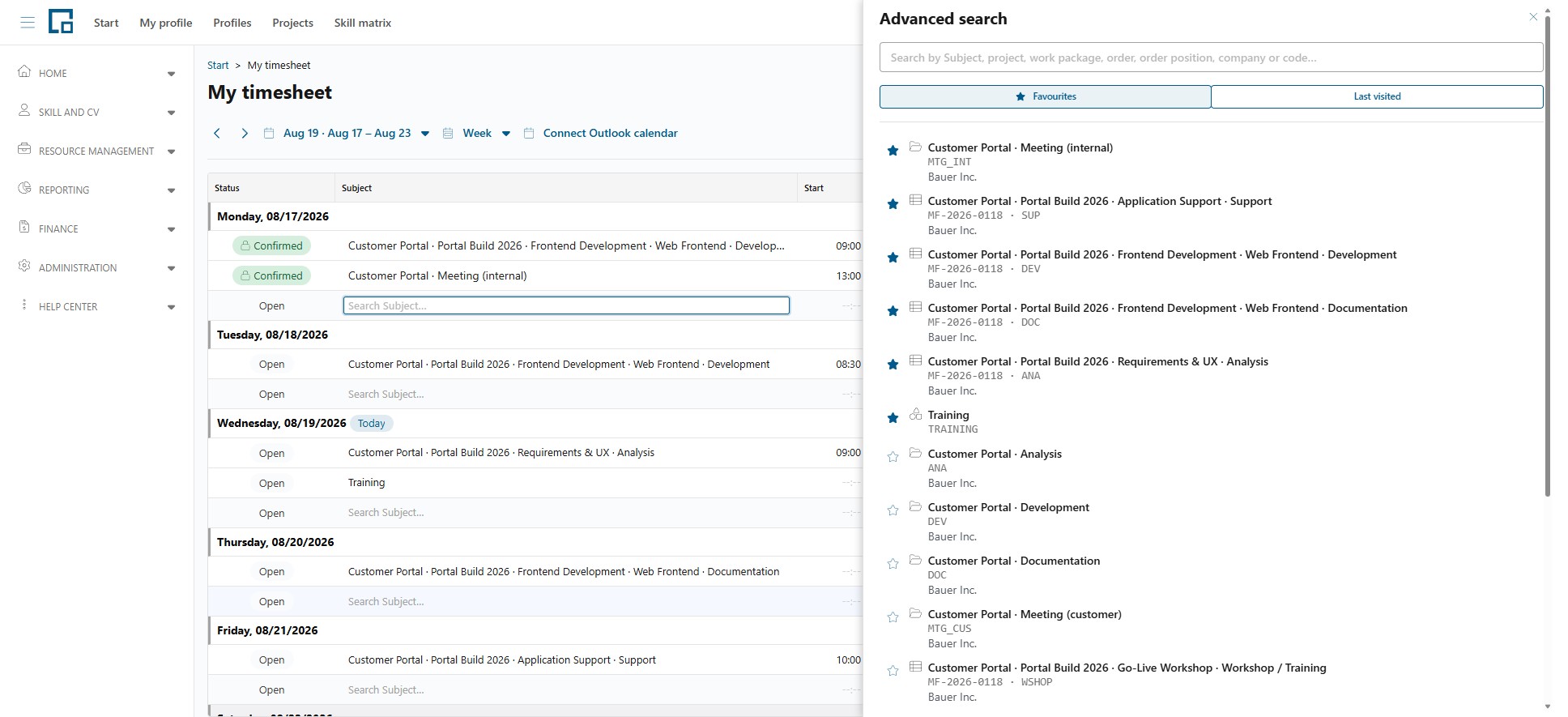 Advanced search drawer listing subjects with their external codes and customer