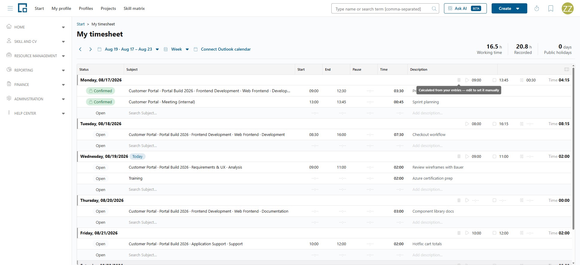 Day header with start, end and pause and the hint that working time is calculated from entries