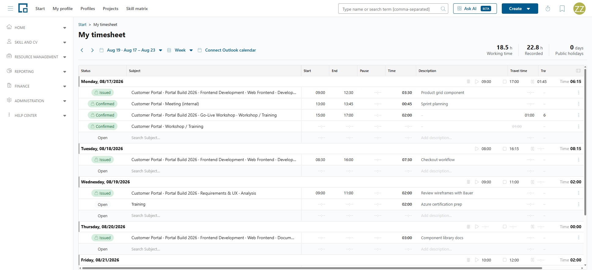 Timesheet toolbar with the Connect Outlook calendar button