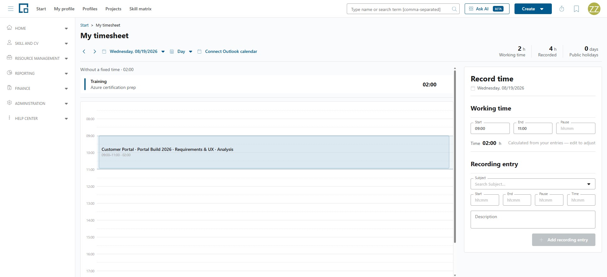 Day view timeline with a timed block, the Without a fixed time lane and the Record time panel