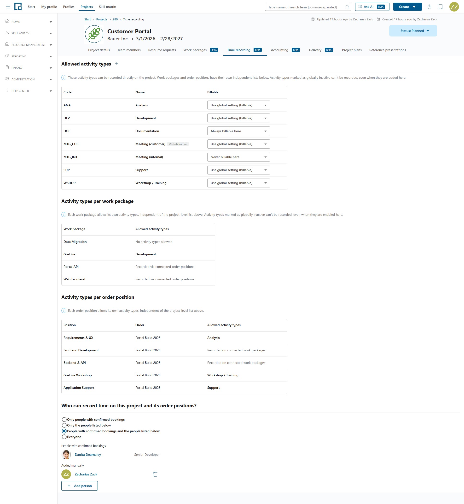 Project Time recording tab with activity types, work package and order position lists and the recorder setting