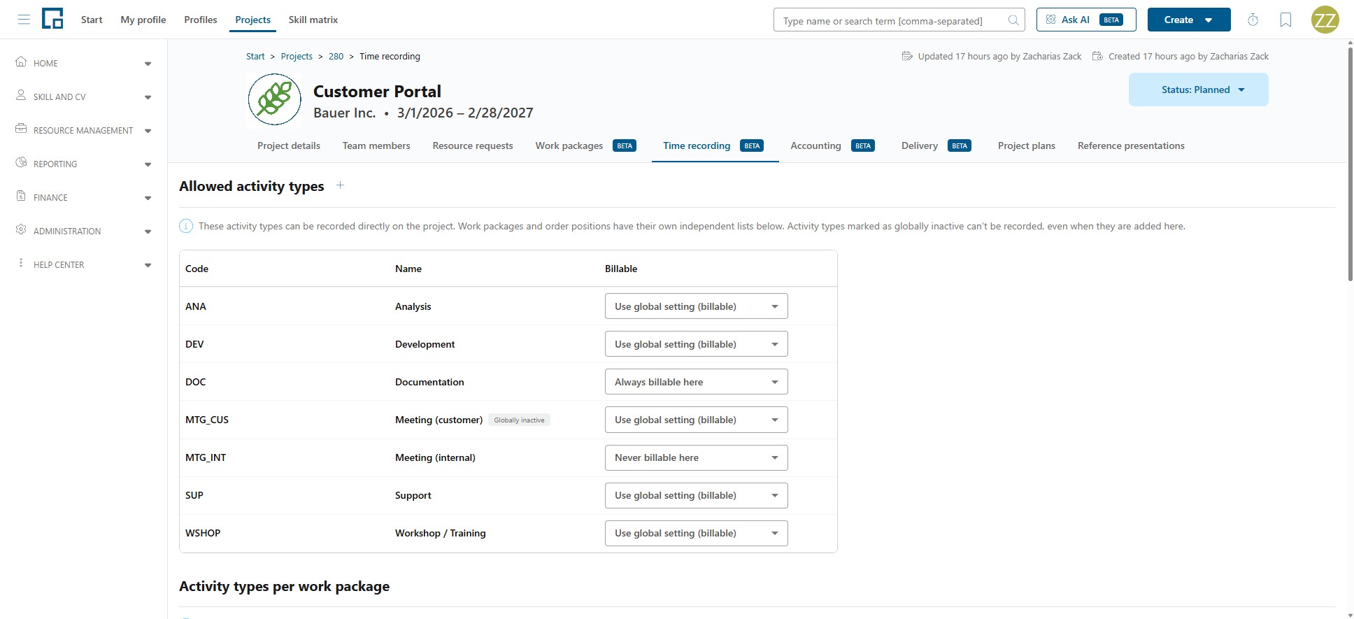 Allowed activity types table with code, name, billable setting and a globally inactive marker