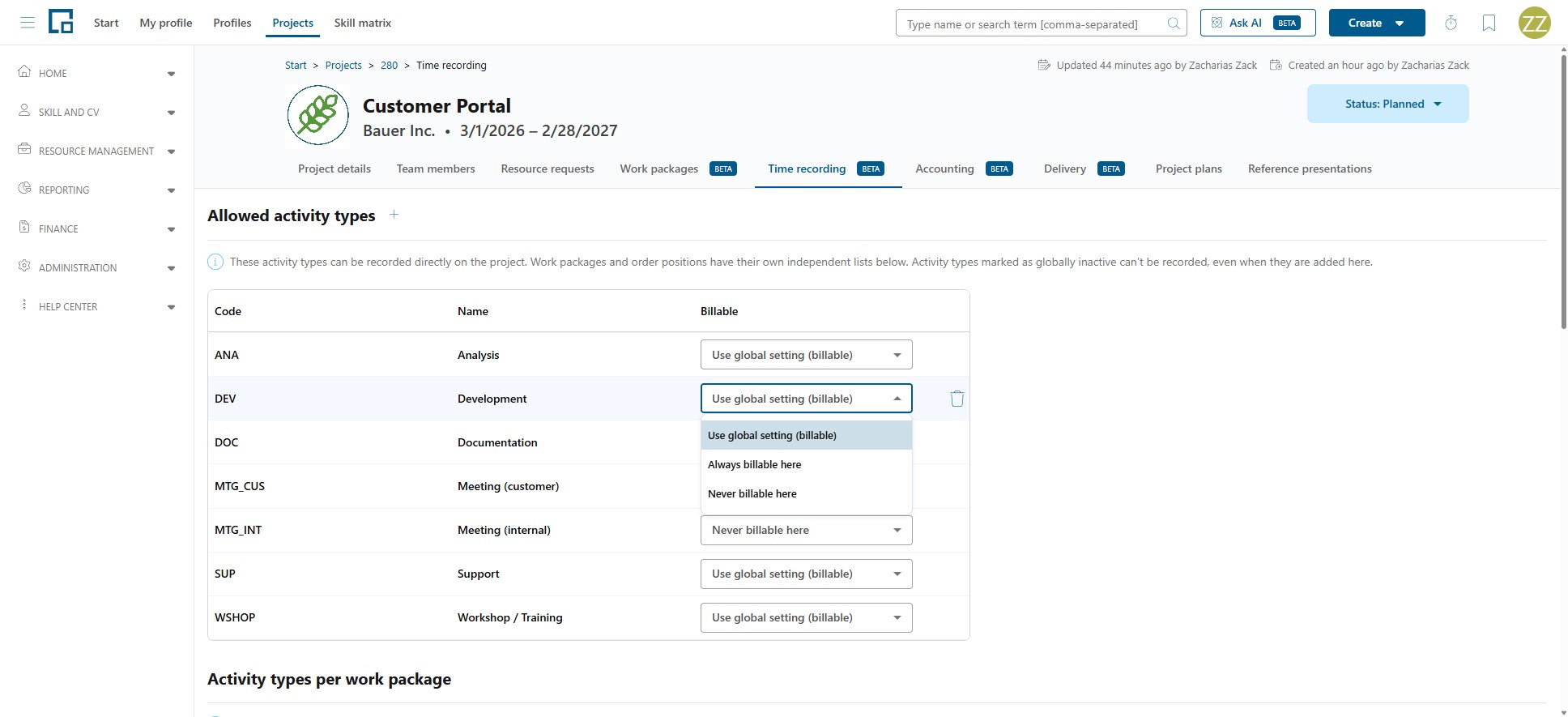 Billable dropdown of an activity type with Use global setting, Always billable here and Never billable here