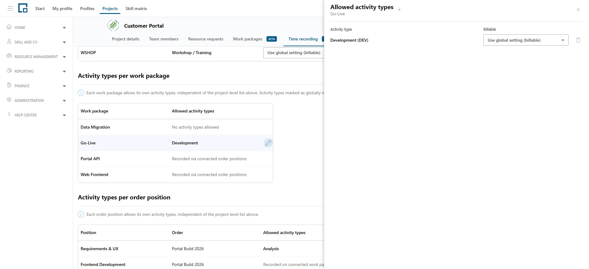 Work package drawer listing its allowed activity types with a billable setting each