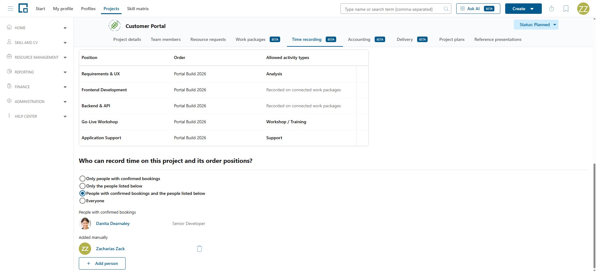 Recorder setting with four modes, people with confirmed bookings and people added manually