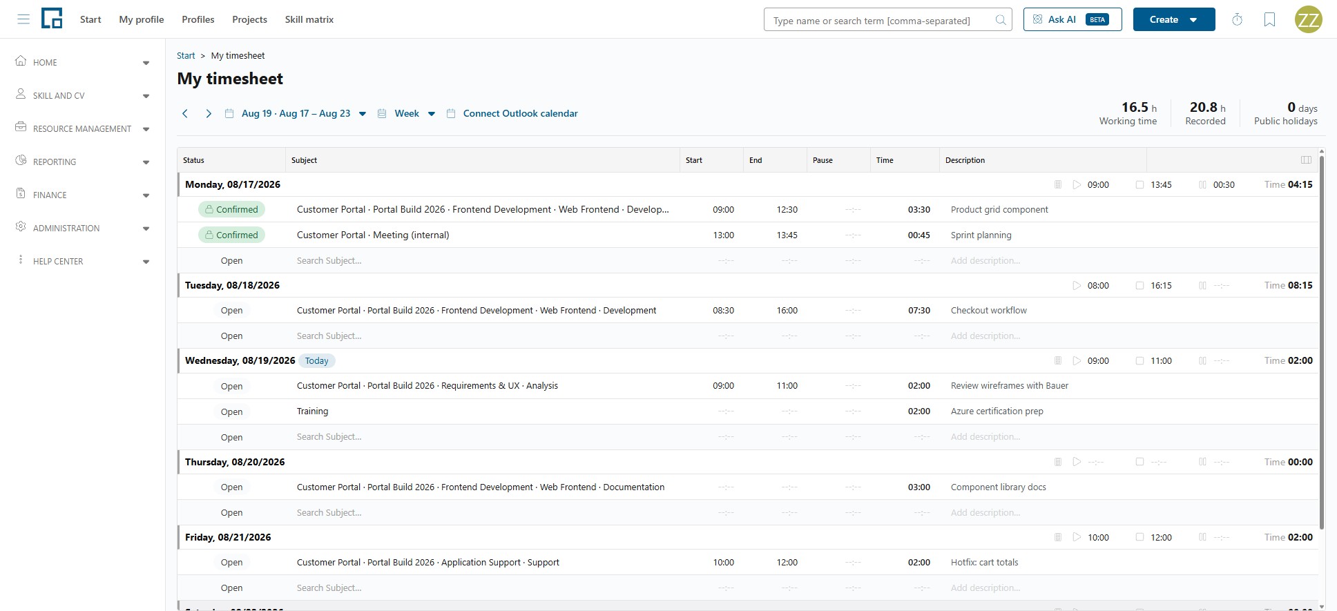 Weekly timesheet showing recorded entries per day beside the working time and recorded time tiles