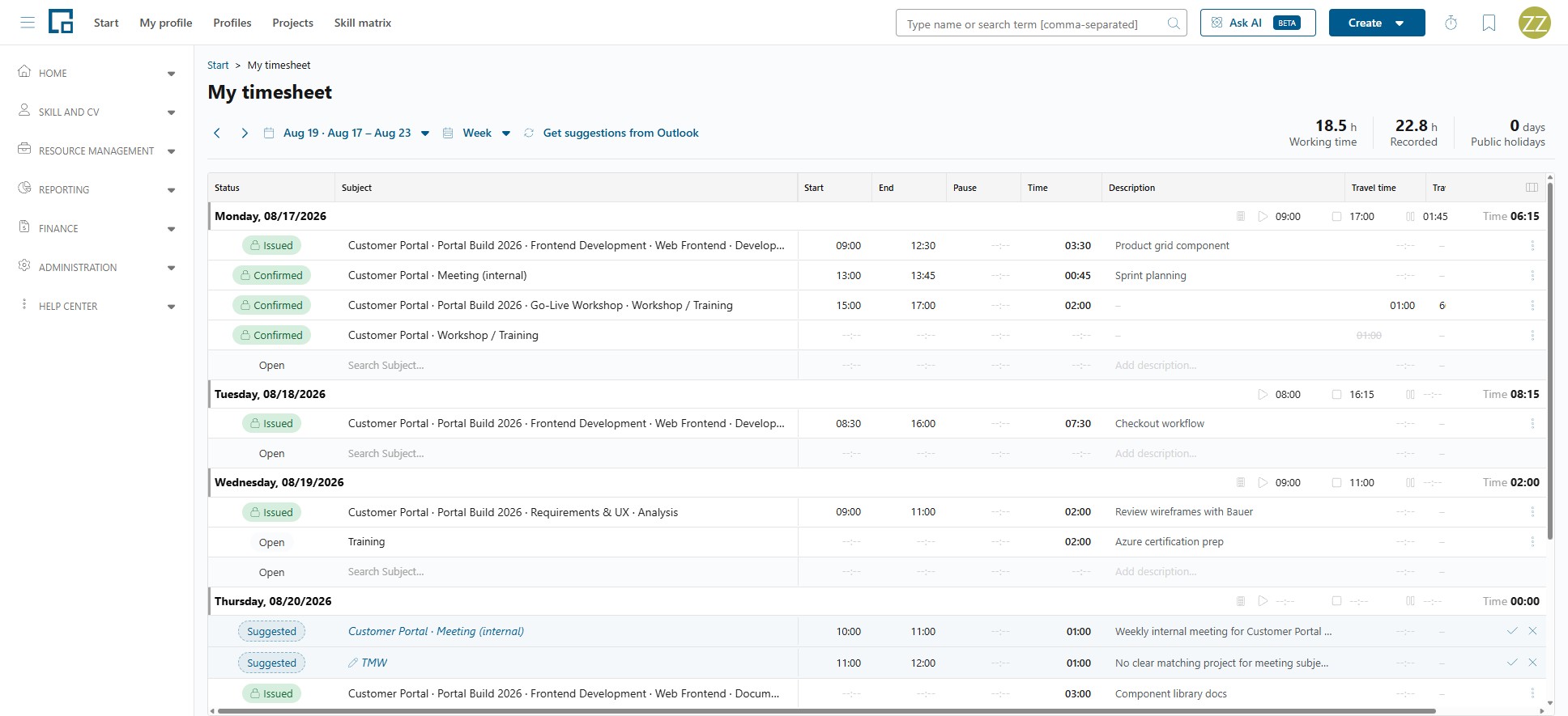 Timesheet week view with entries in the Suggested, Open, Confirmed and Issued statuses