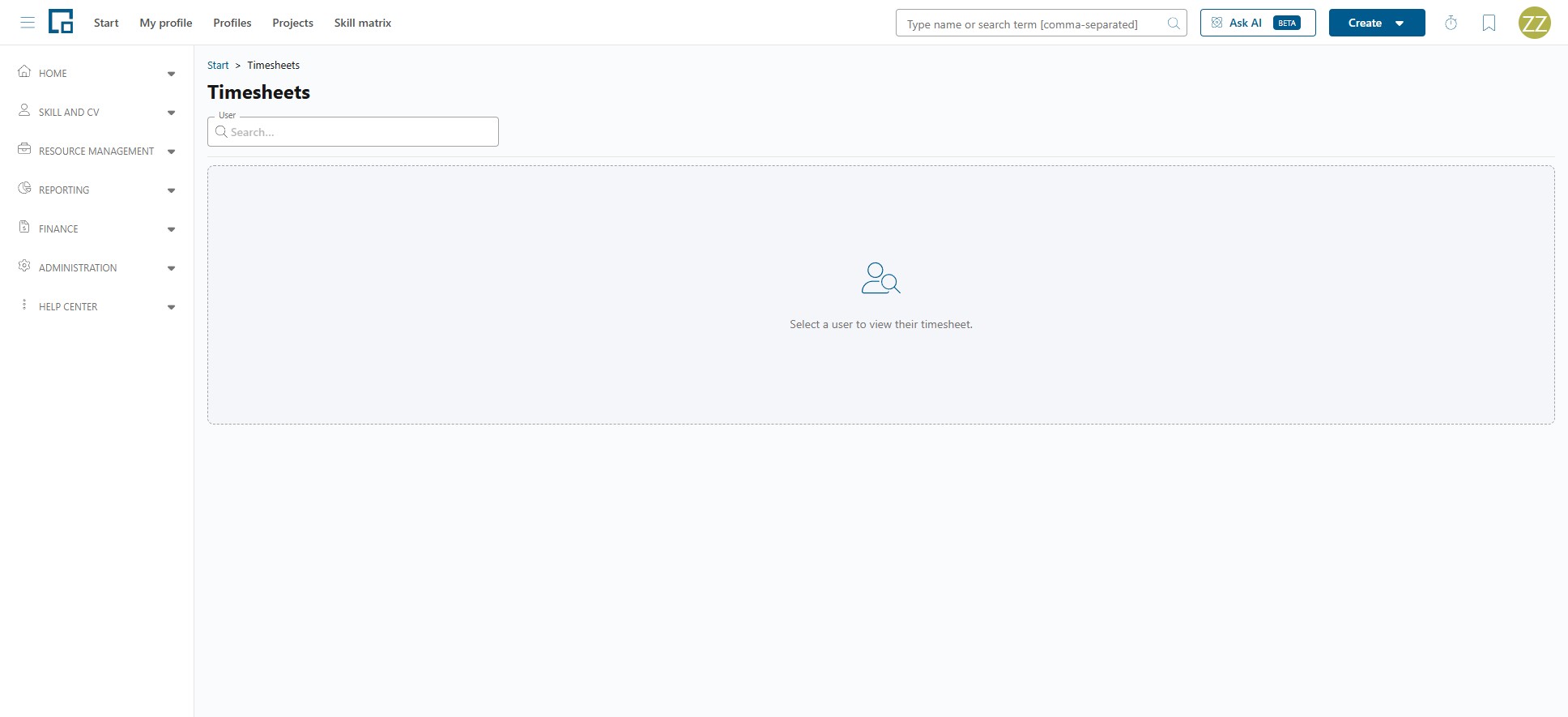 Timesheets page with the User field and the prompt to select a user