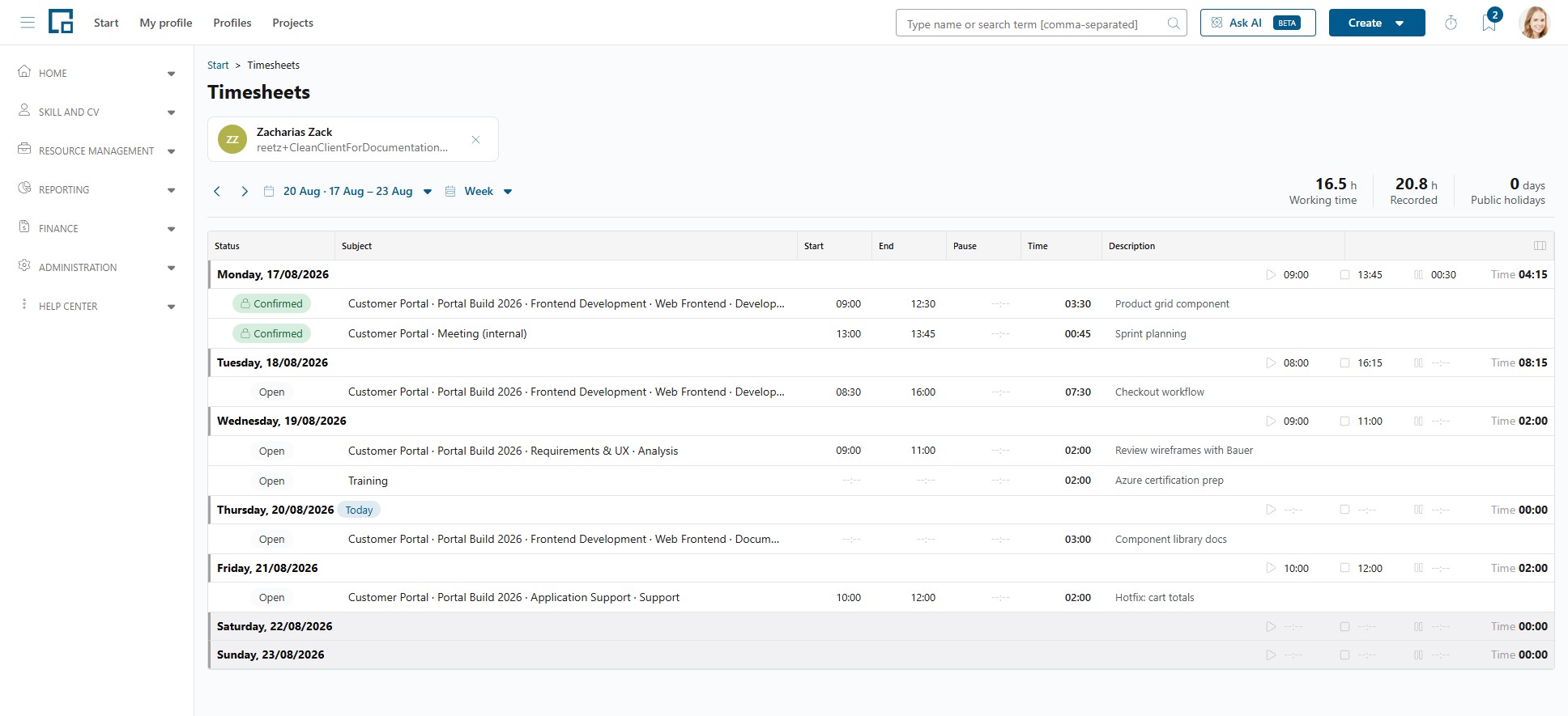Another person's timesheet in read-only week view without placeholder rows for new entries