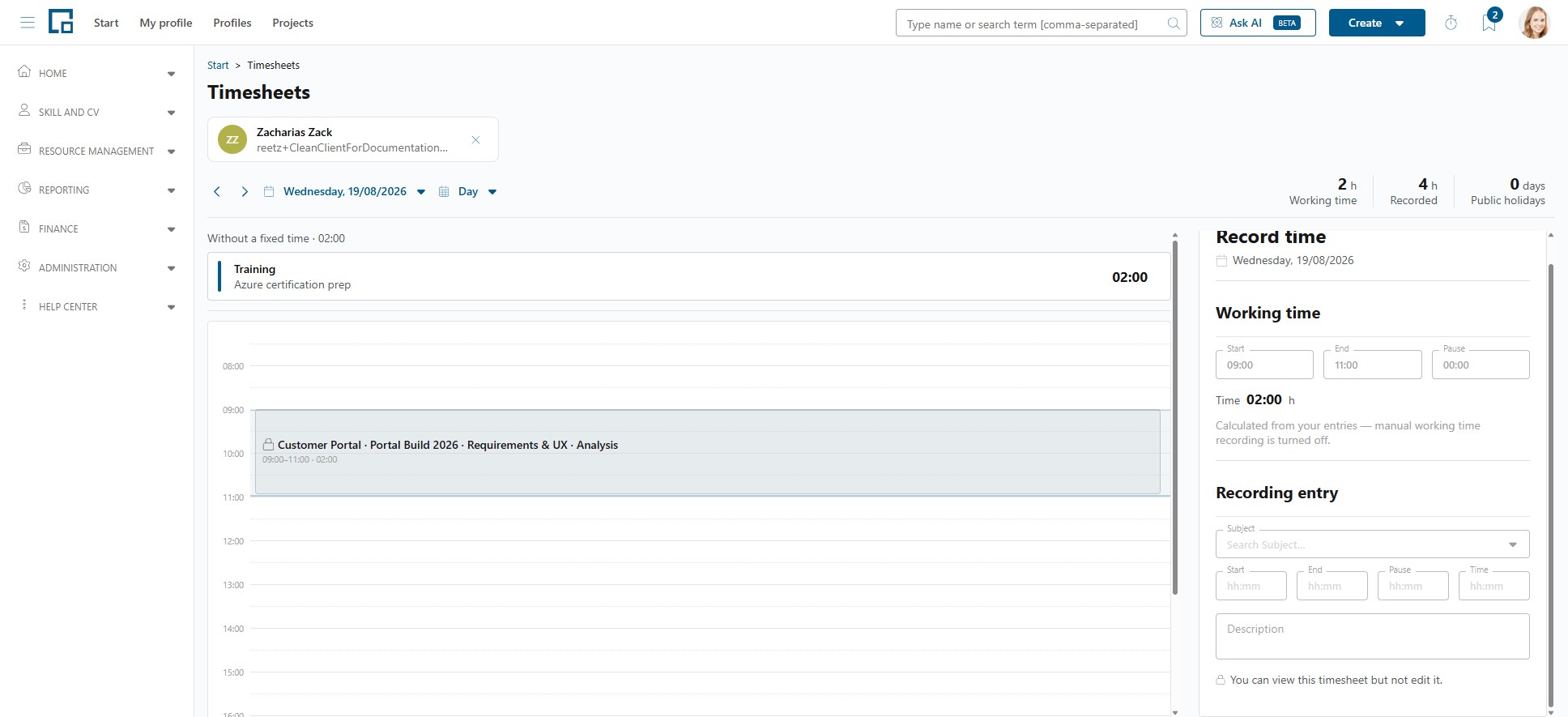 Read-only day view with a locked entry and the note that the timesheet can be viewed but not edited