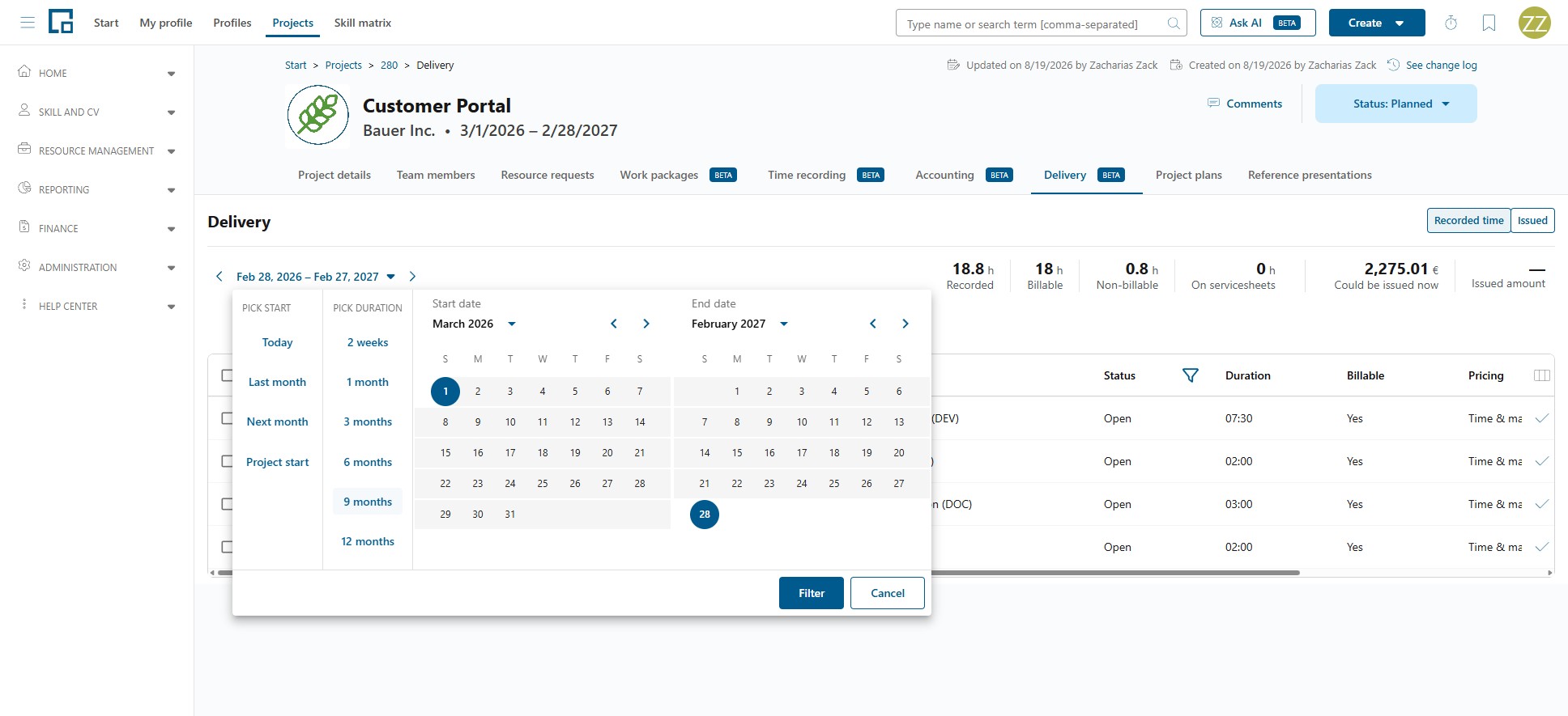 Delivery tab period picker with start presets, durations and start and end calendars