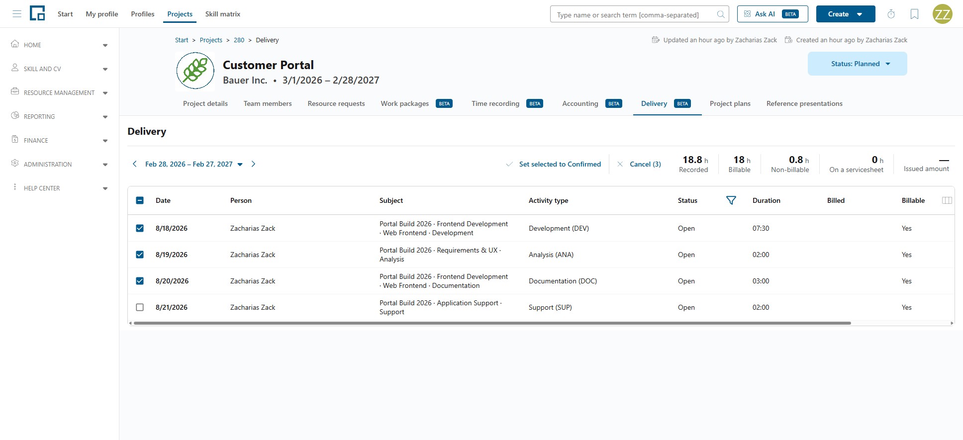 Delivery tab with several entries selected and the Set selected to Confirmed bulk action